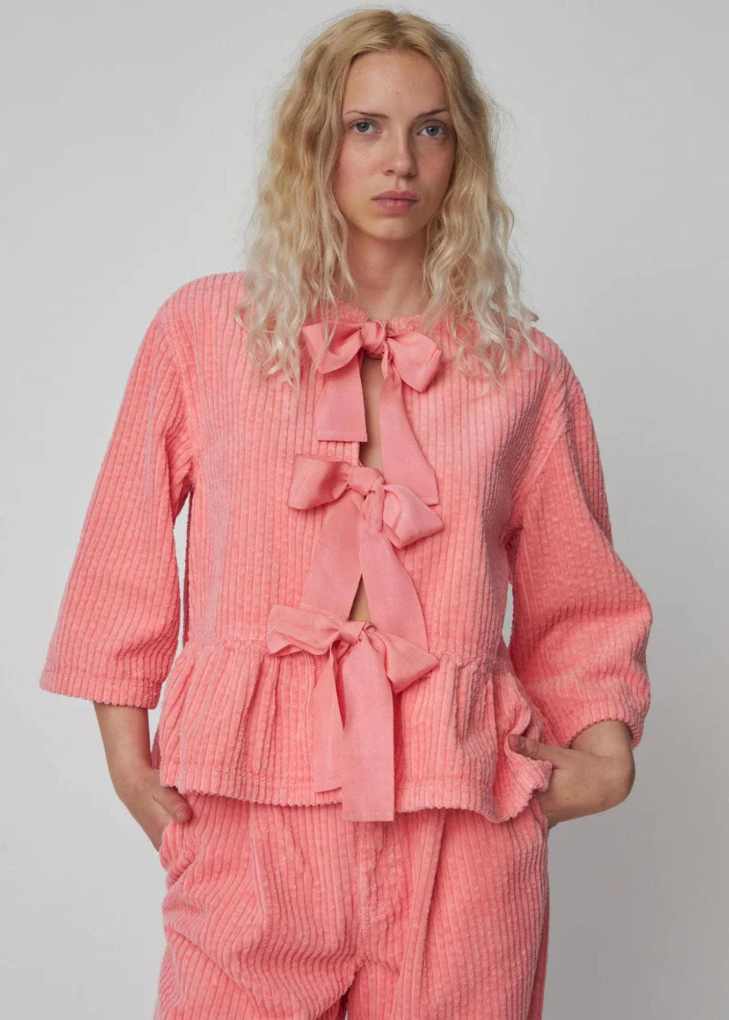 Corduroy Bow Blouse-Amazing Pink