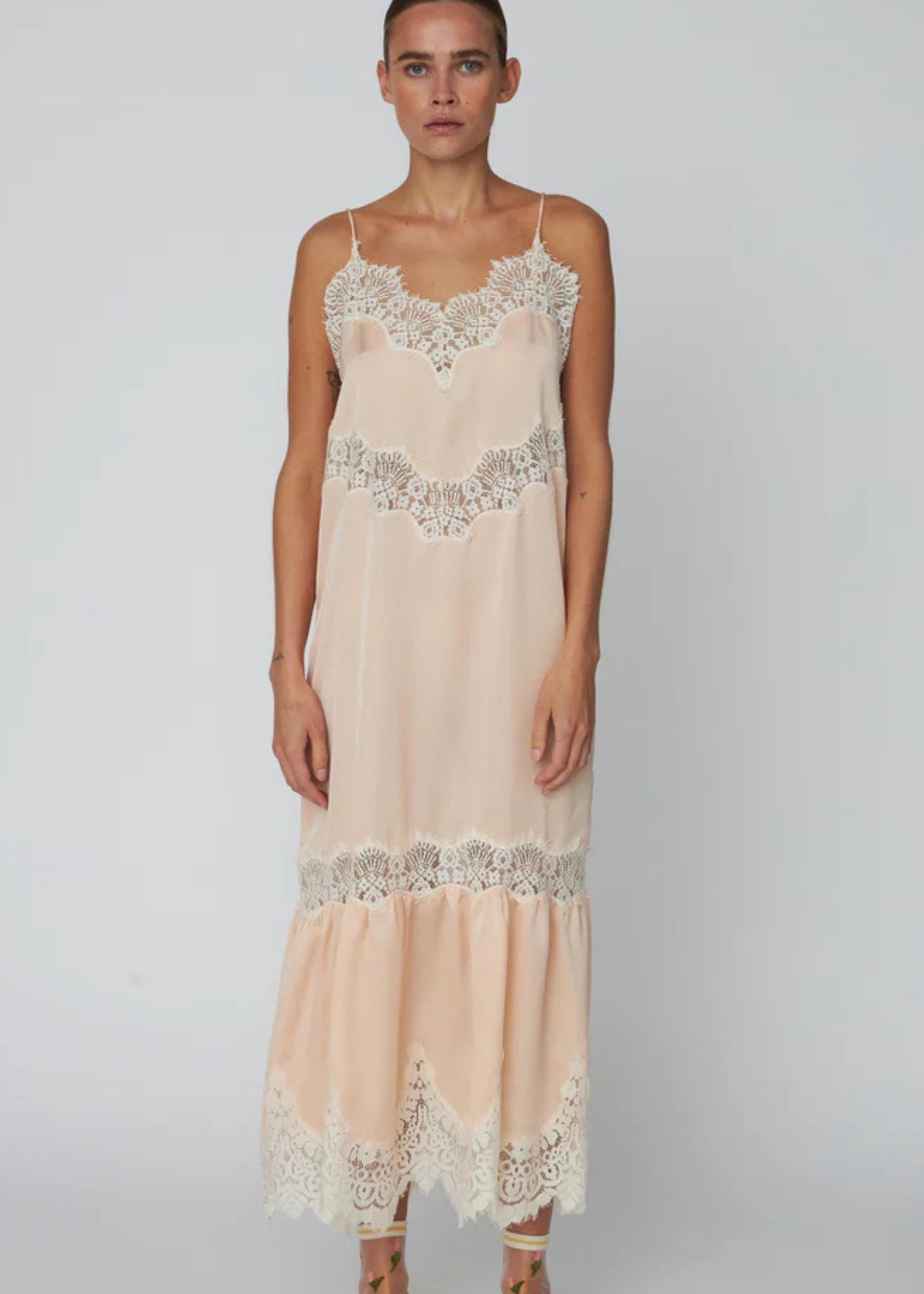 Delicate Lace Slip Dress-Pale Pink/Cream