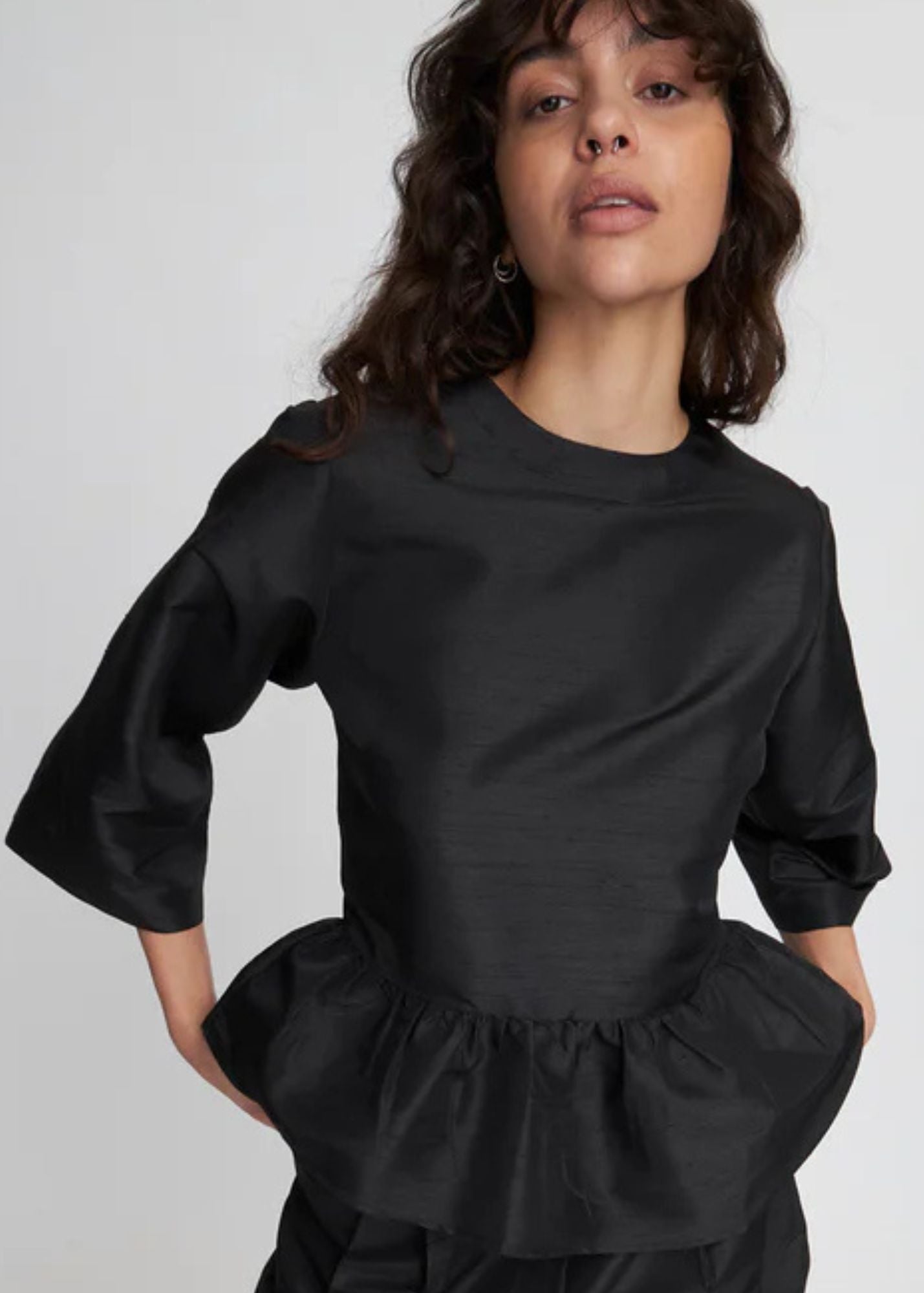 Crispy Peplum Blouse-Black