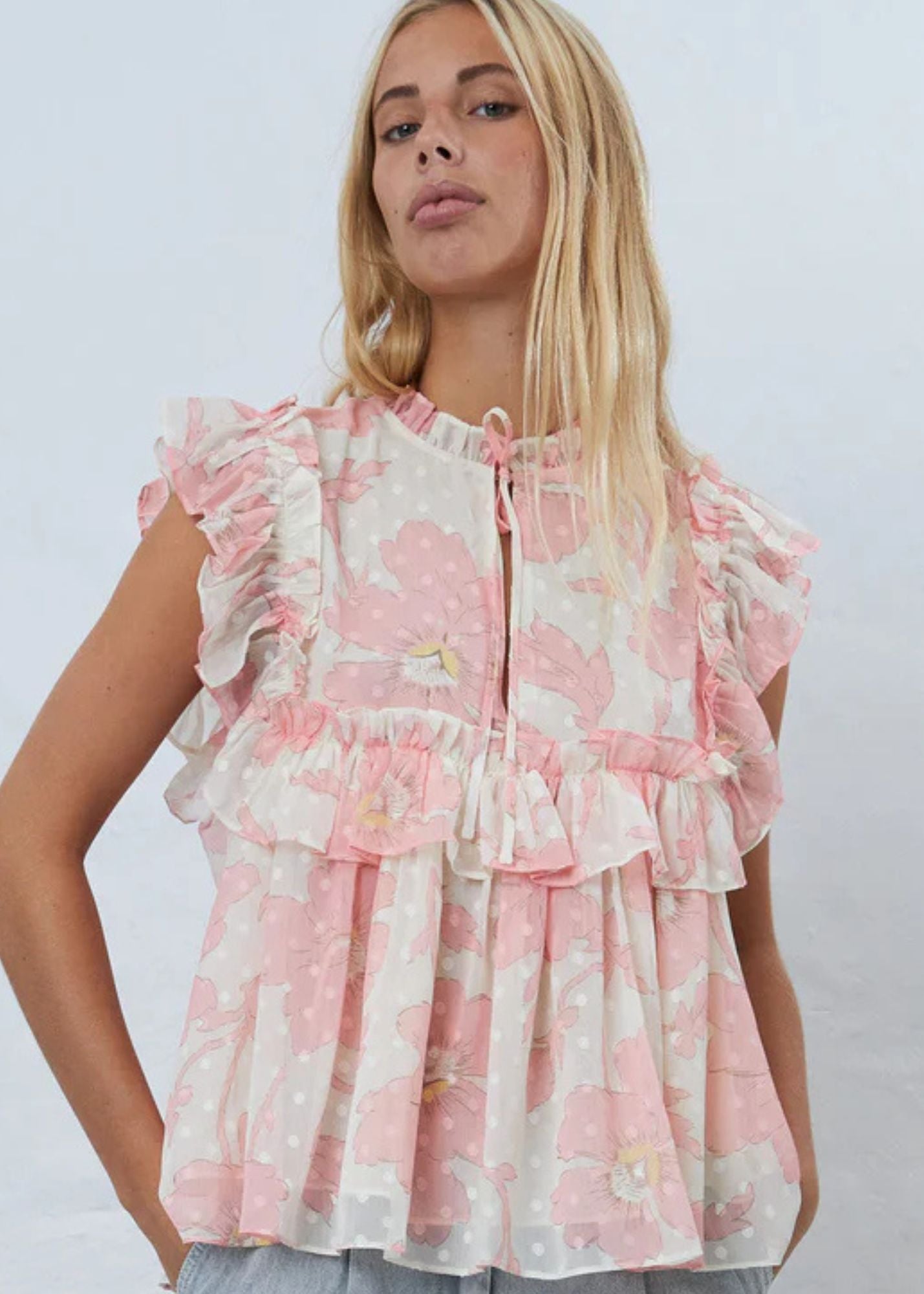 Flounce Chiffon Top-Soft Pink