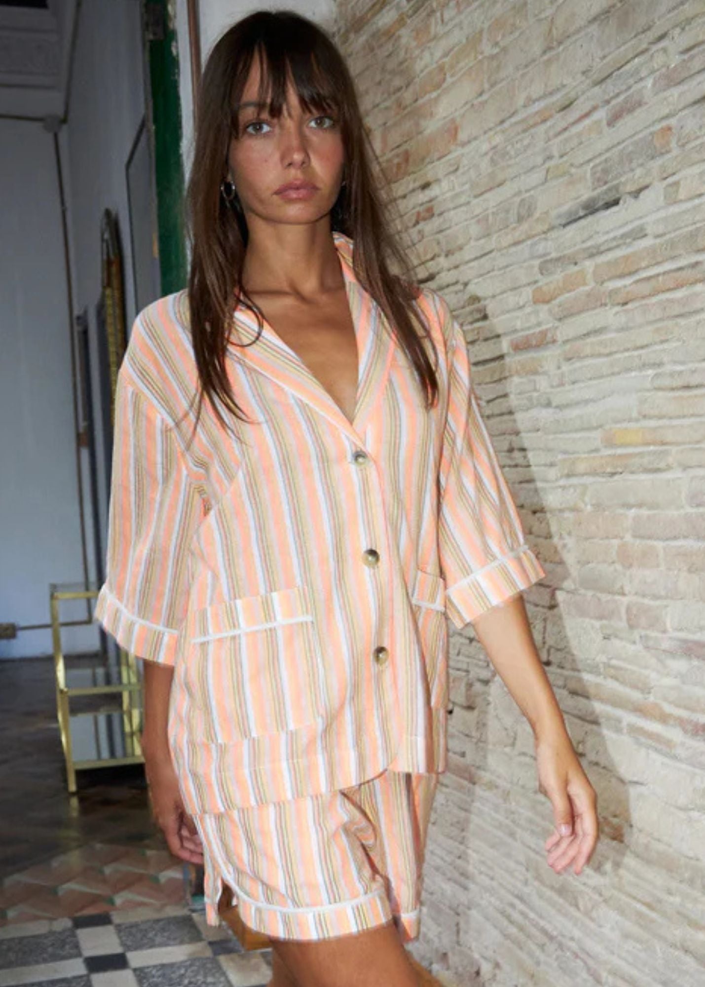 Short sleeved pyjamas shirt-Sunshine Orange