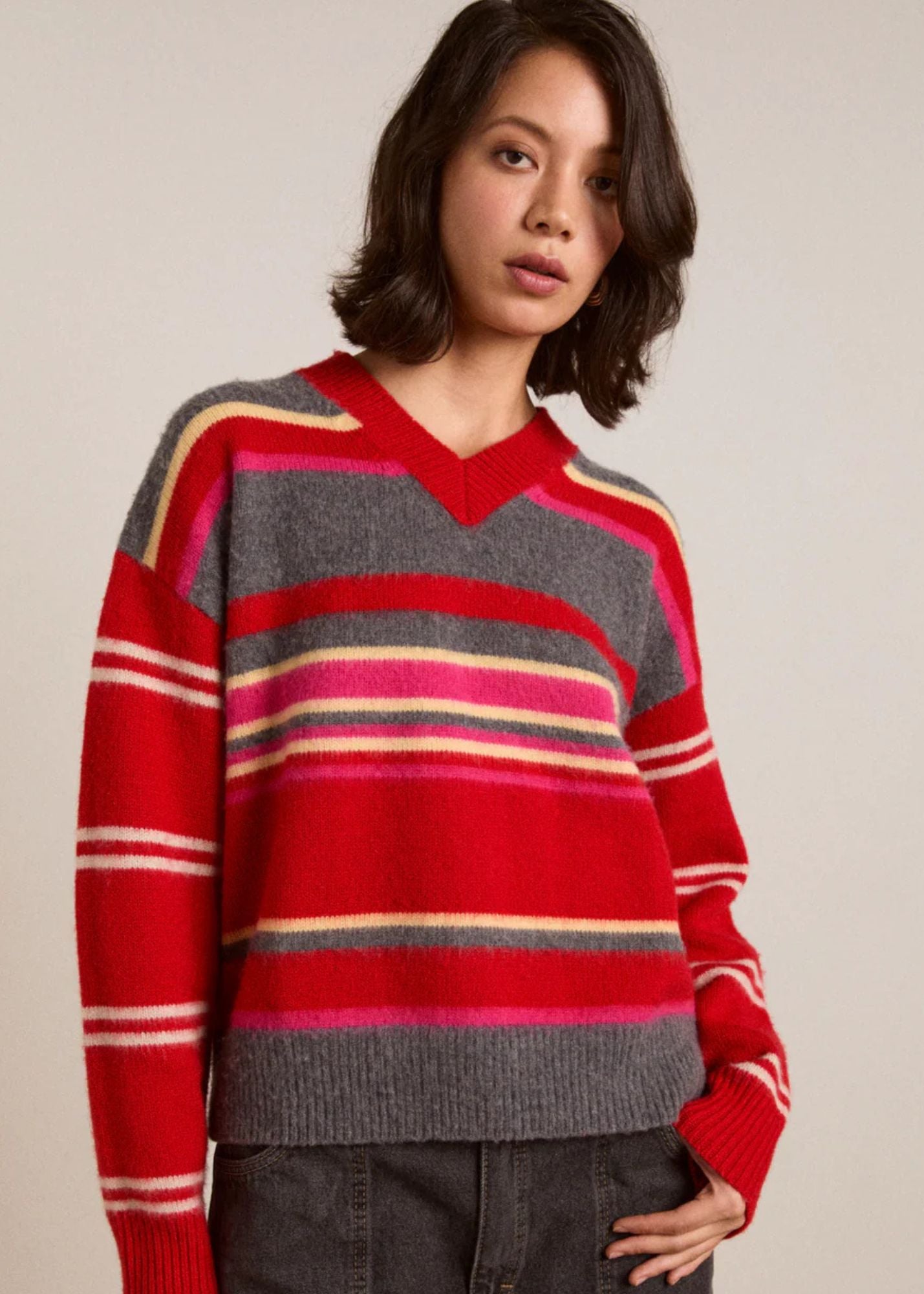Merino Wool Jumper-Pink/Red Stripe