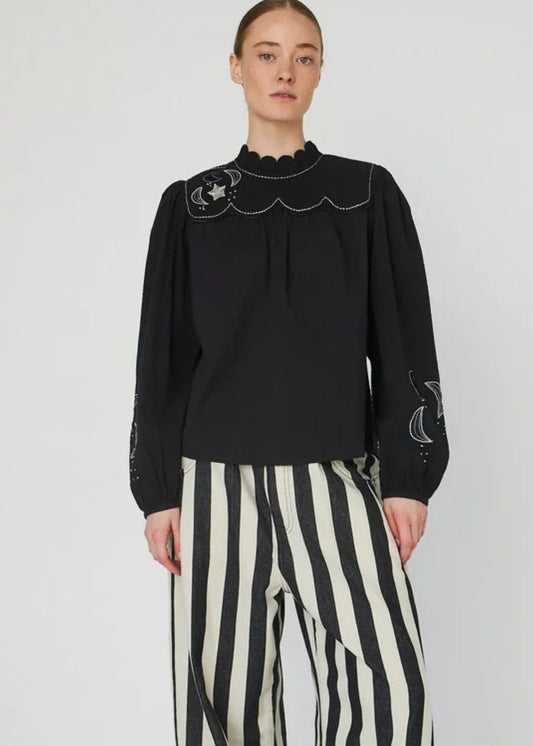 Moon and Star Embroidered Blouse - Black