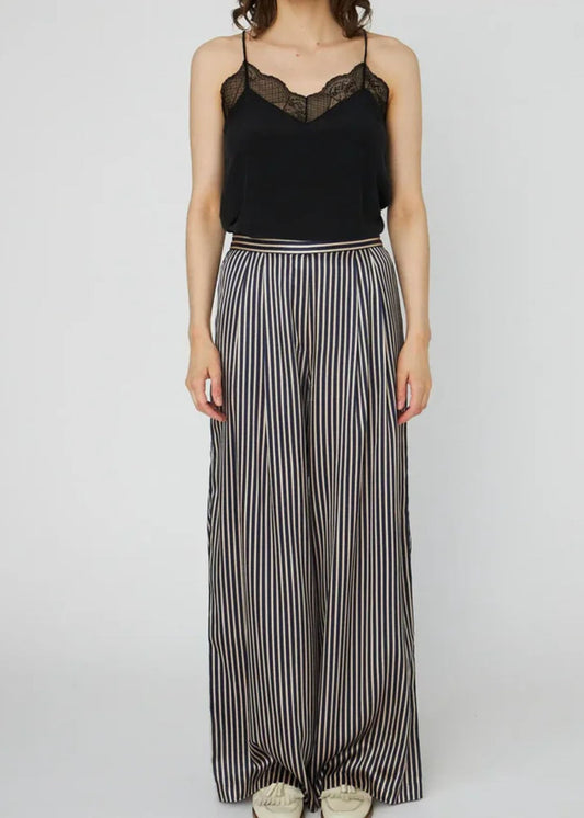 Striped Silk Mid-Waist Pants - Cream Blue Stripes