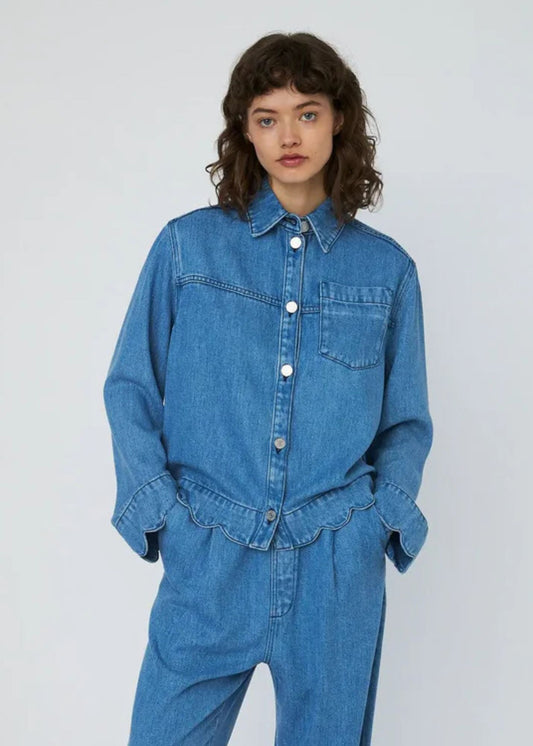 Washed Blue Shirt with Scallop Edge - Light Blue