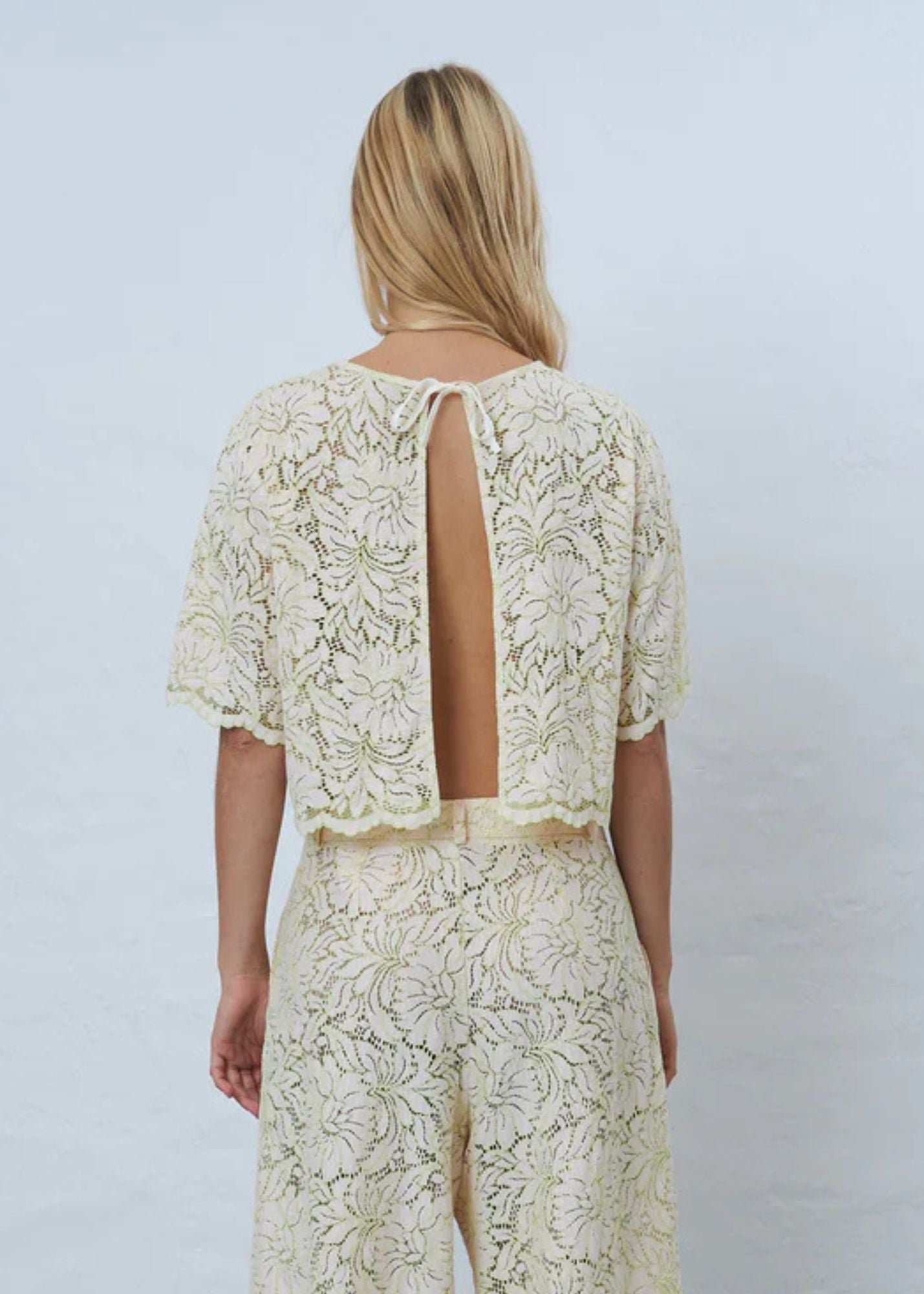 Delicate Lace Cropped Top-Vanilla/Tea Green Flowers
