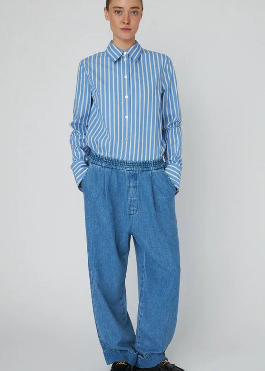 Washed Blue Low-Waist Pants with Scallop Edge - Light Blue