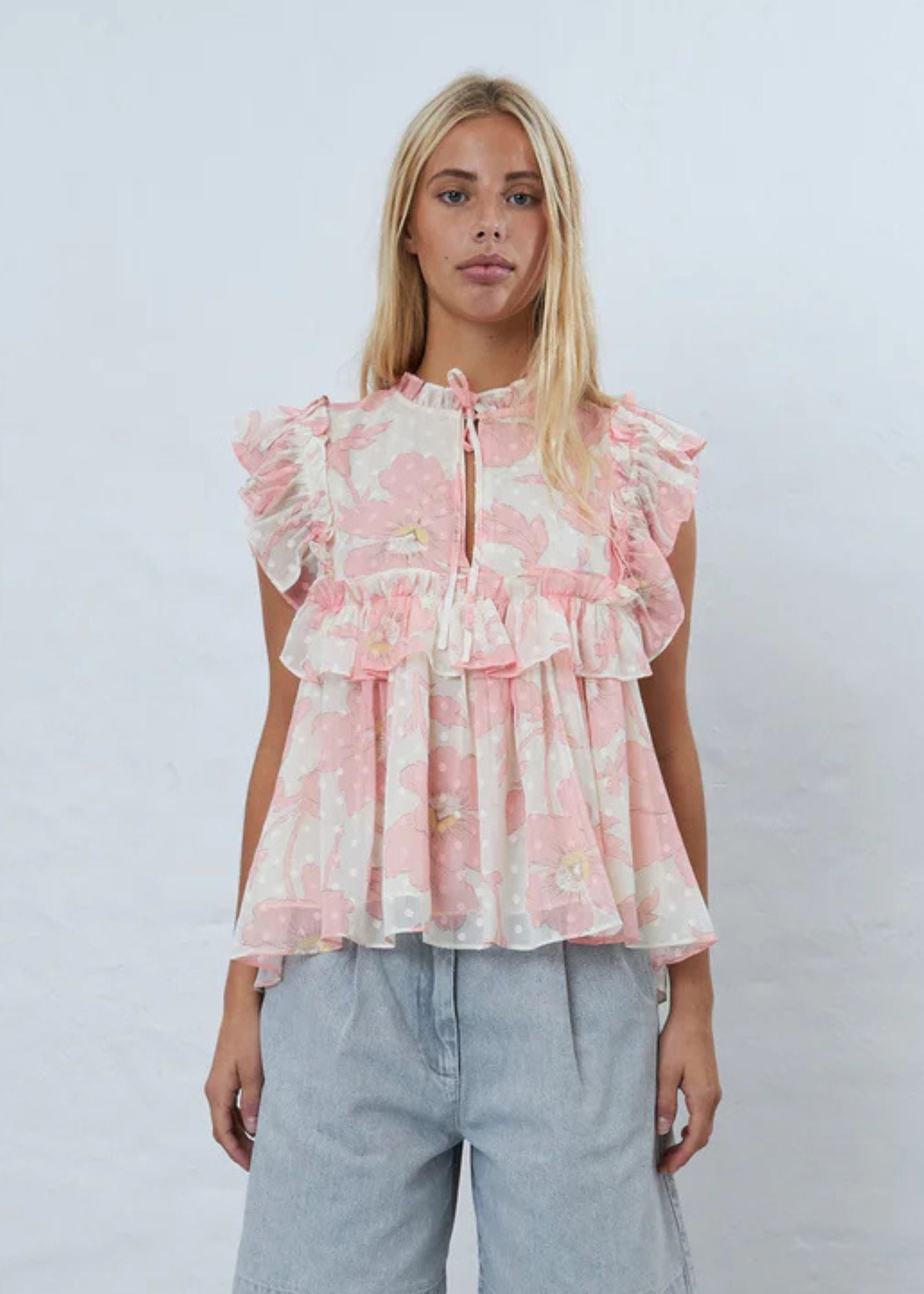 Flounce Chiffon Top-Soft Pink